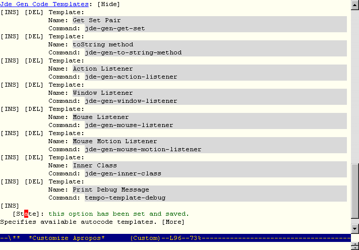 Screenshot showing customization buffer for
registering templates.