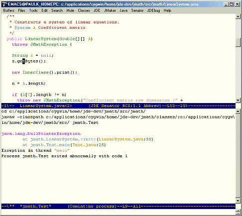 Screenshot showing an exception trace in the
JDE's run buffer.